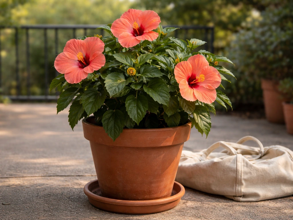 Tropical hibiscus in a large pot on a patio with a visible saucer for drainage, late season.