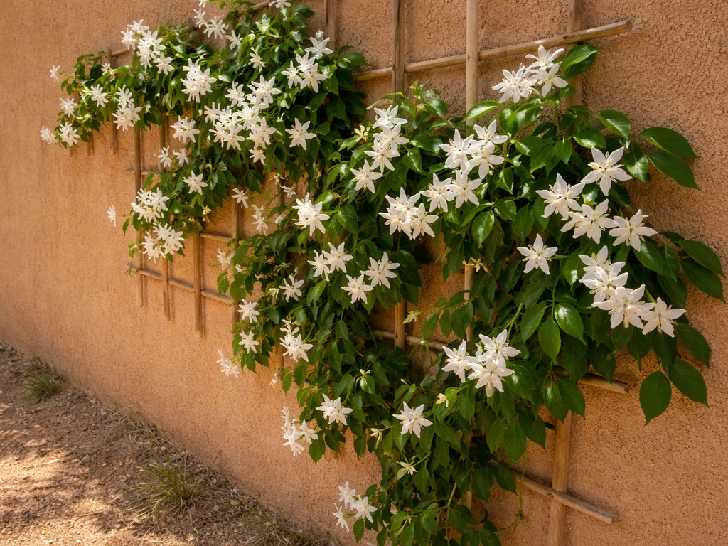 Jasmine vine blooming on a trellis against a sunlit New Mexico wall