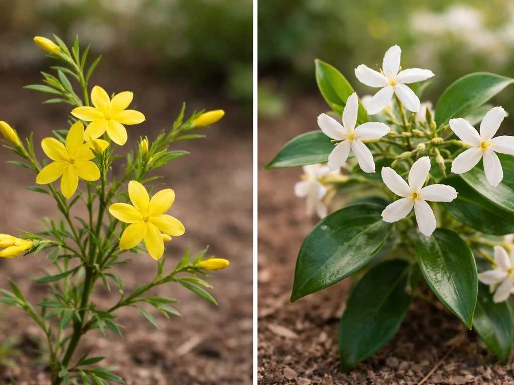 Close-up of two different jasmine-like plants with distinct flowers and leaves on a simple outdoor background
