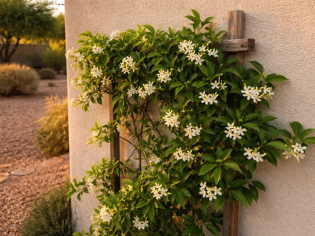 Star jasmine vine with white blossoms growing along a warm stucco wall in a desert landscape.