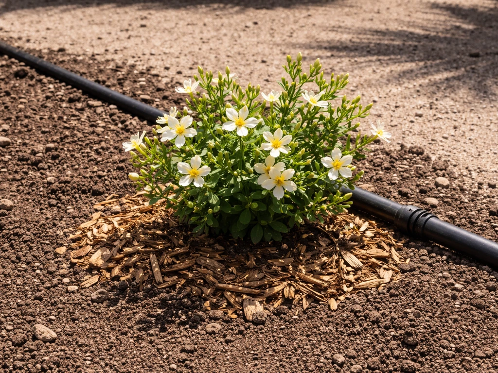 Winter jasmine in sun with mulch and a low-water drip line on well-draining desert soil.