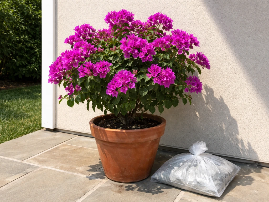 Potted bougainvillea on a Pennsylvania patio in strong summer sun with a frost-risk vibe.