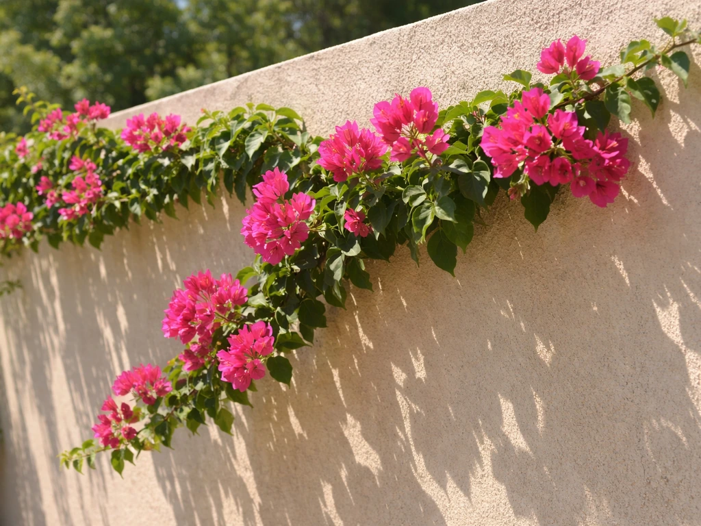 Bougainvillea vine in full sun on a garden wall with healthy leaves and bright colorful bracts.