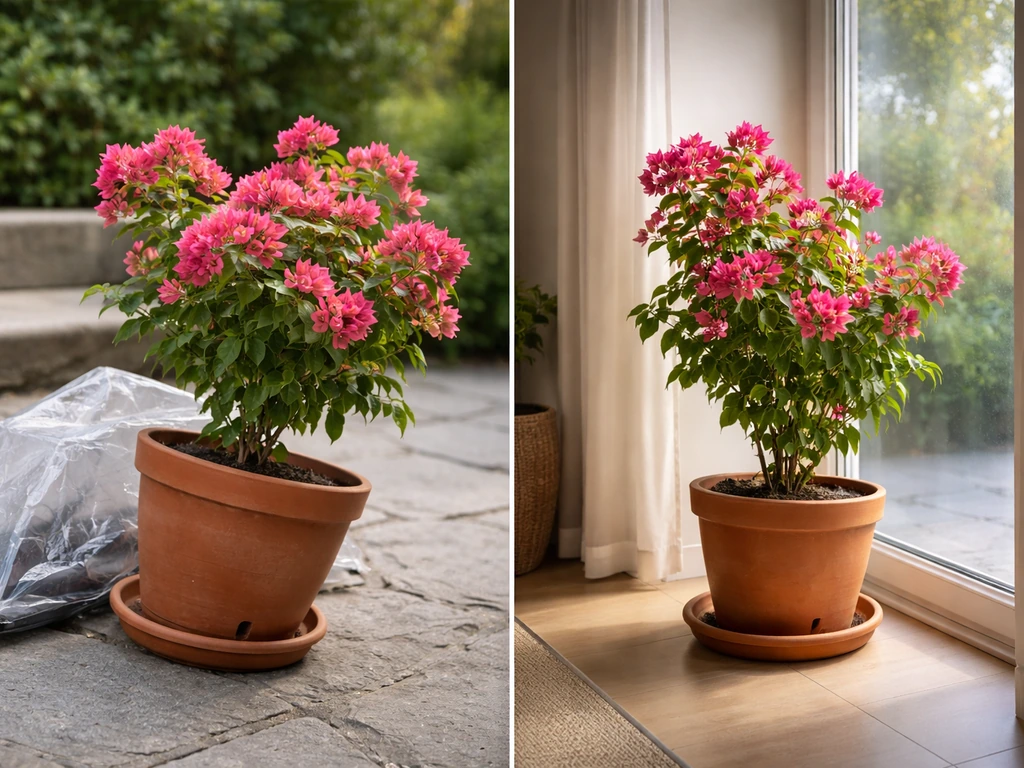 Bougainvillea in a terracotta pot outdoors with drainage, moved indoors near a bright window for overwintering