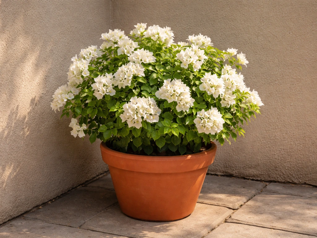 Compact thornless bougainvillea in a manageable pot on a sunny patio corner beside a south-facing wall