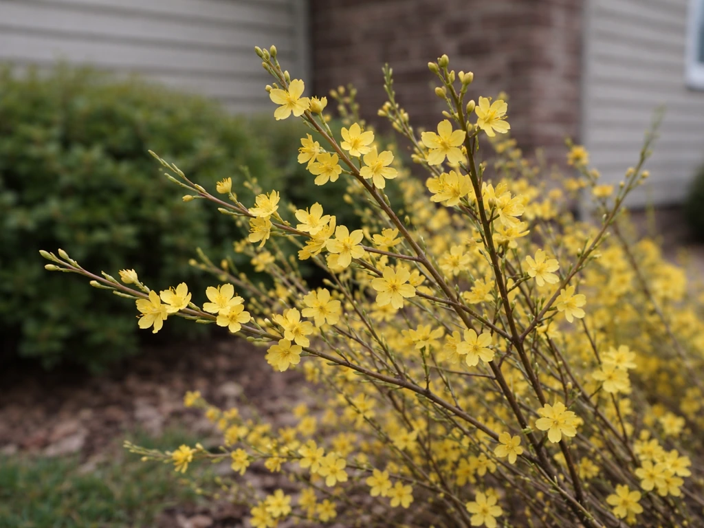 Hardy winter jasmine with bright yellow blooms in an Iowa home garden backdrop