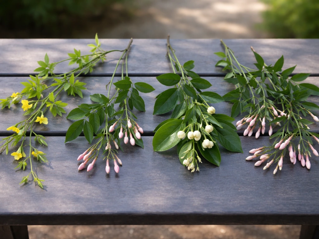 Close-up of winter-hardy jasmine sprigs and similar lookalike plants in a simple outdoor garden setting.