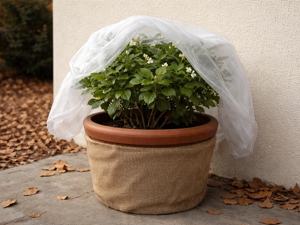 Tender jasmine in a large pot on an Iowa patio during fall, prepped for cold weather