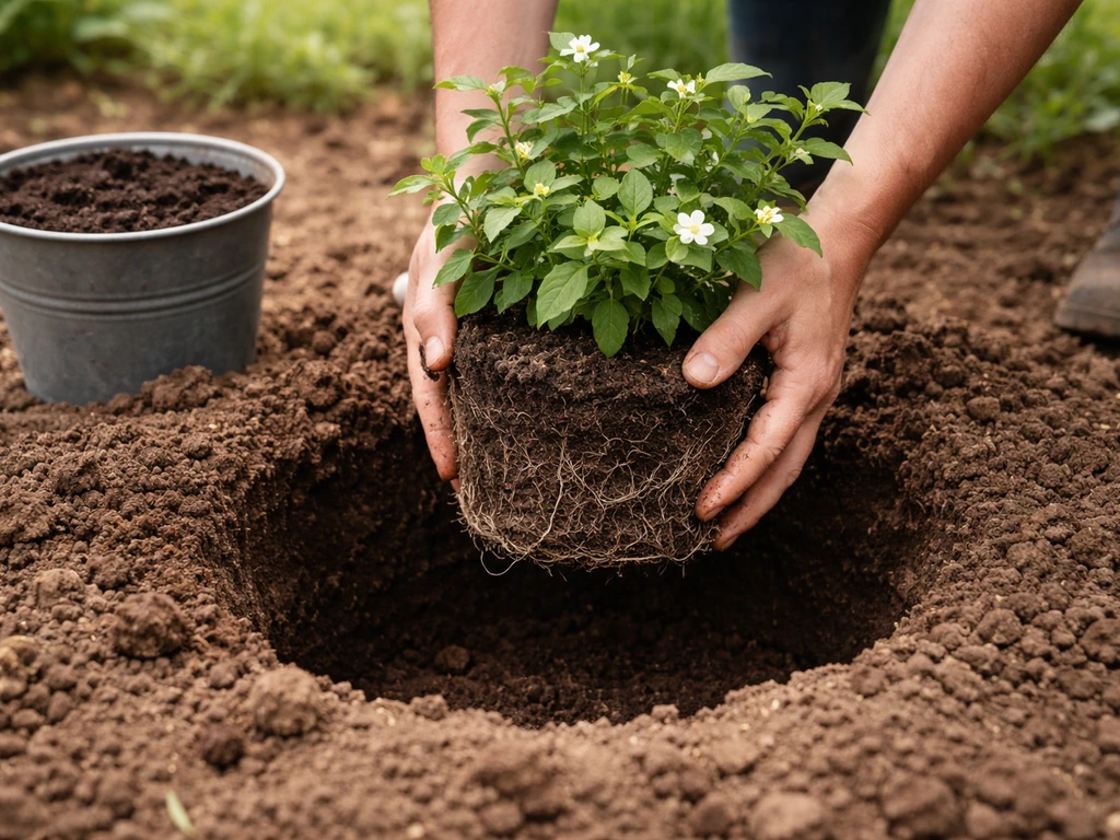 Close-up of hands placing a jasmine root ball in a correctly sized garden hole with compost nearby