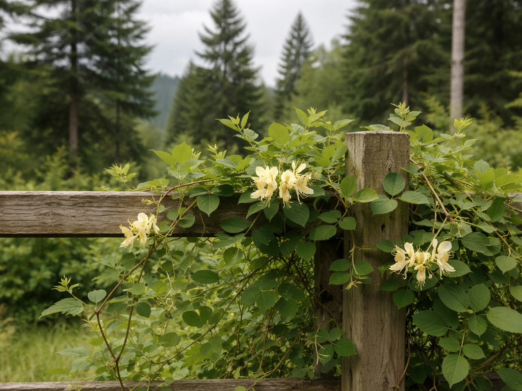 Honeysuckle vines climbing a garden fence in a lush Washington landscape with soft natural light.