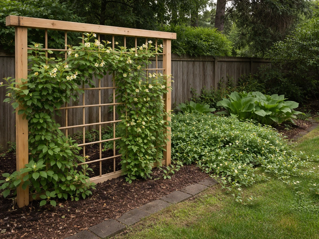 Wood trellis covered in honeysuckle with nearby uncontrolled vine growth showing the caveat.