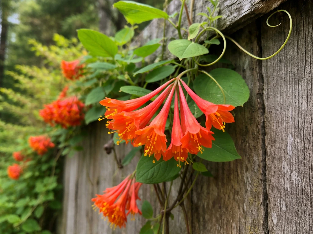 Bright orange-red tubular orange honeysuckle flowers on a climbing vine in a Washington backyard garden