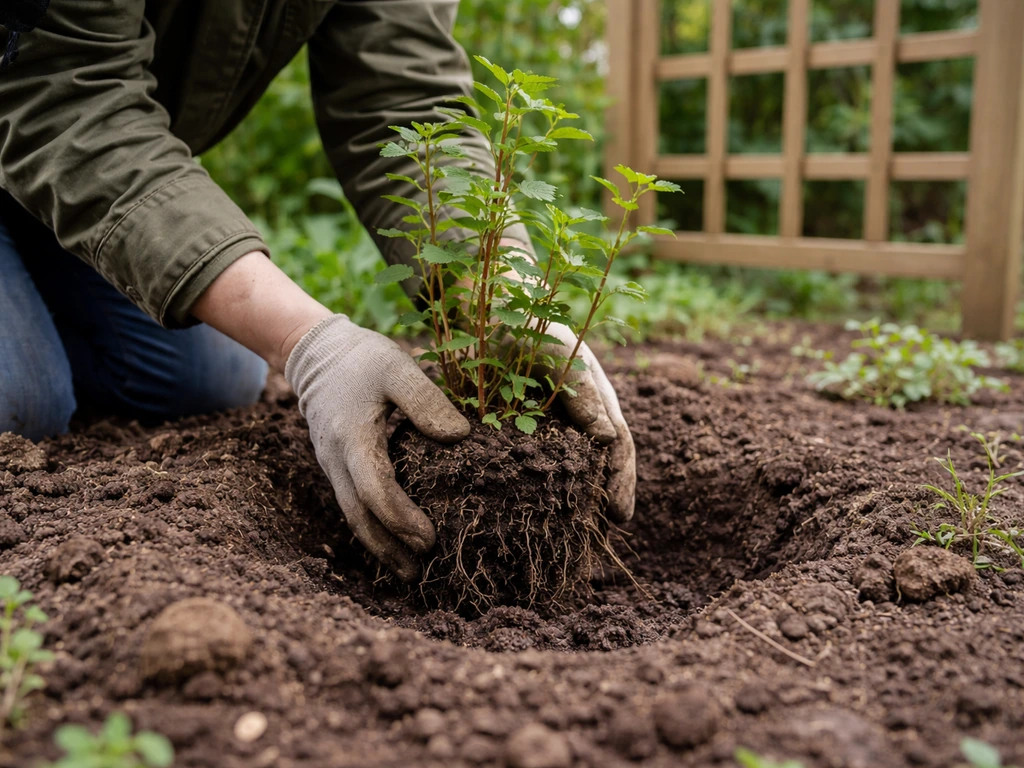Gardener hands placing a honeysuckle plant into cool spring soil by a wooden trellis