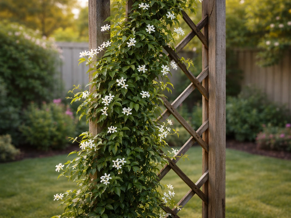 Lush jasmine vine climbing a wooden trellis in a warm garden setting
