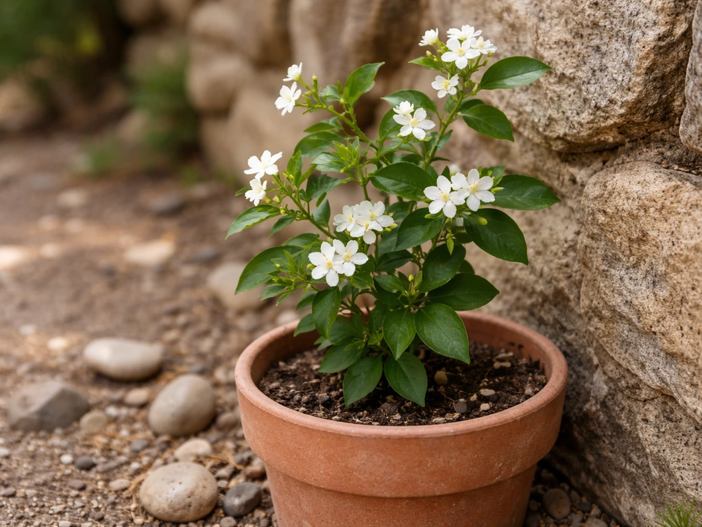 Potted jasmine vine with small white blossoms near warm-toned stone wall, suggesting native origin habitat