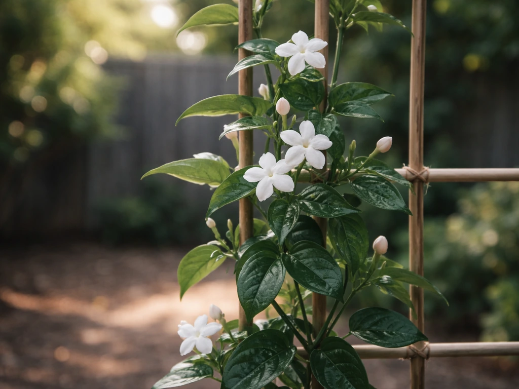 Minimal photo of jasmine vines with a soft-focus garden backdrop suggesting U.S. regional growth