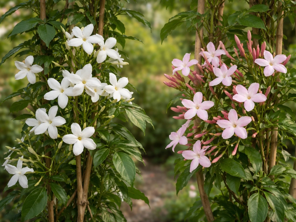 Two close-up jasmine vines in a cottage garden, one with white blossoms, one with soft pink blooms.