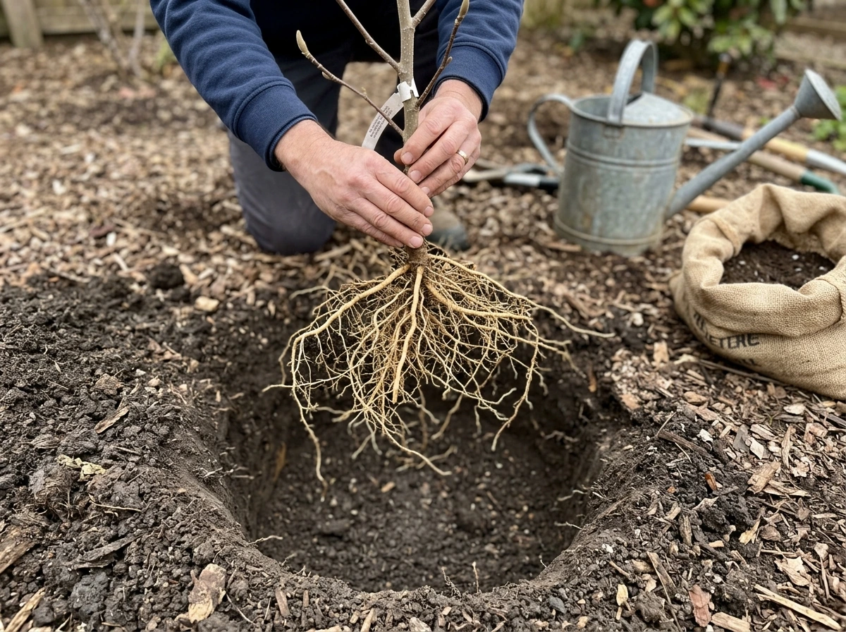 Bare-root magnolia being placed into a wider planting hole