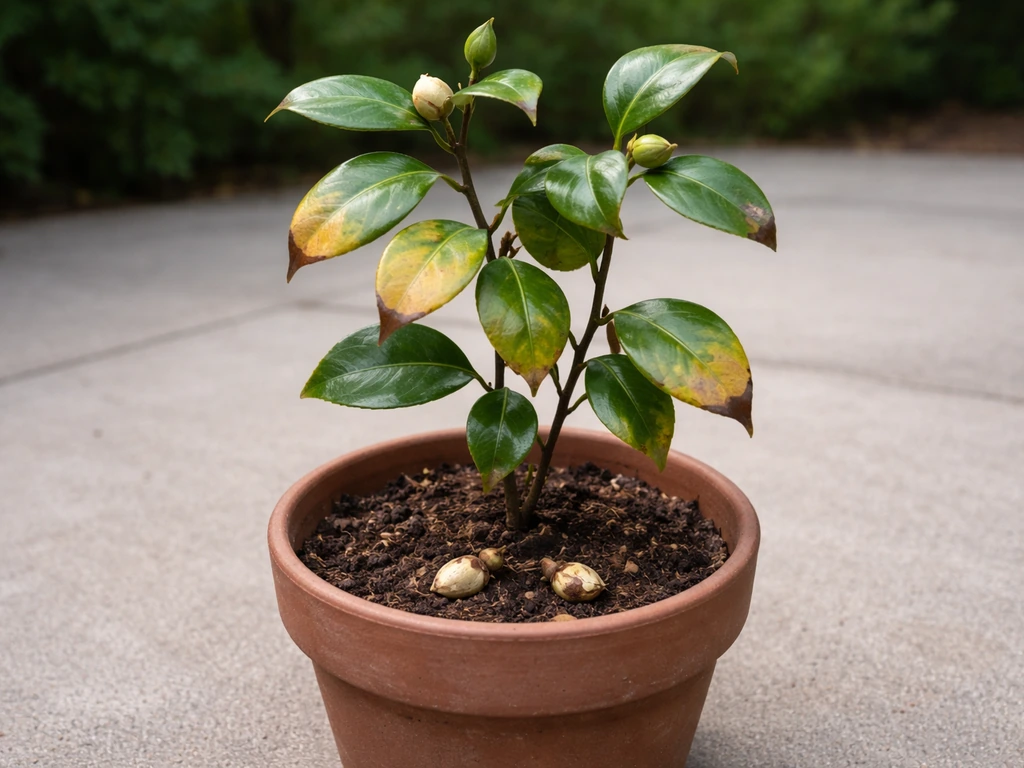 Potted camellia with yellowing leaves and dropped buds in simple outdoor shade