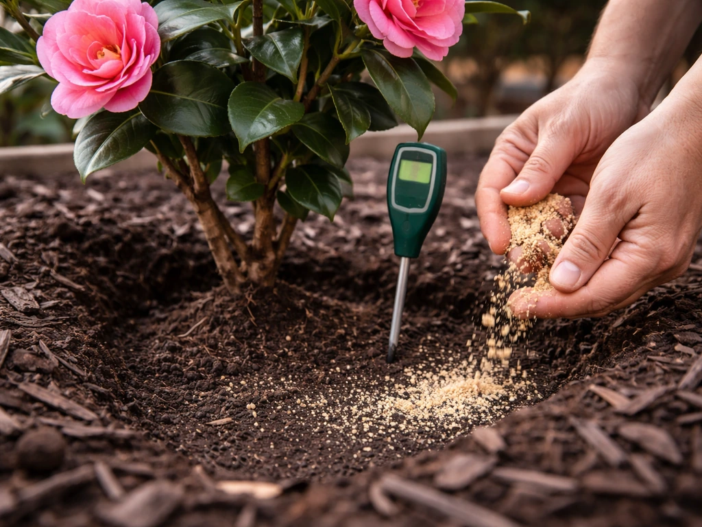 Gardener sprinkles acidic amendment around camellia roots while a pH testing probe is held nearby.