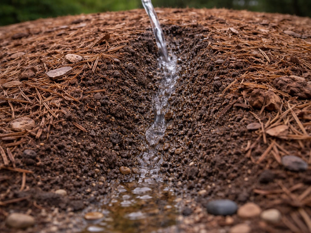 Camellia root-rot prevention garden bed with raised mound and clear water draining through soil