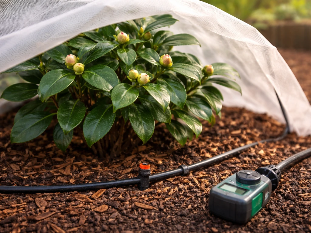 Close-up of a camellia bud beside mulched soil with drip irrigation lines during cool-season protection.
