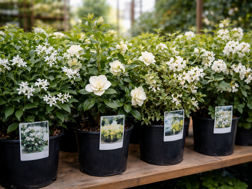 Potted jasmine plants with variety markers in a garden center, showing different lookalike shrubs.