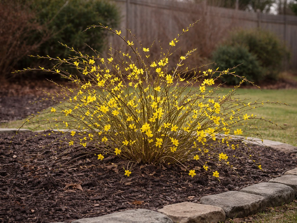 Bare-stem winter jasmine shrub with small yellow blooms in a sheltered Connecticut yard