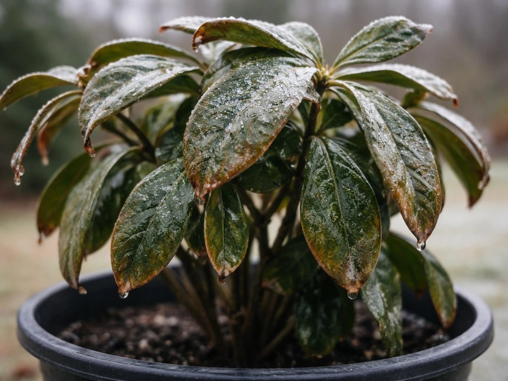 Gardenia leaves with browning and frost-kissed edges after a cold snap in a simple garden pot.