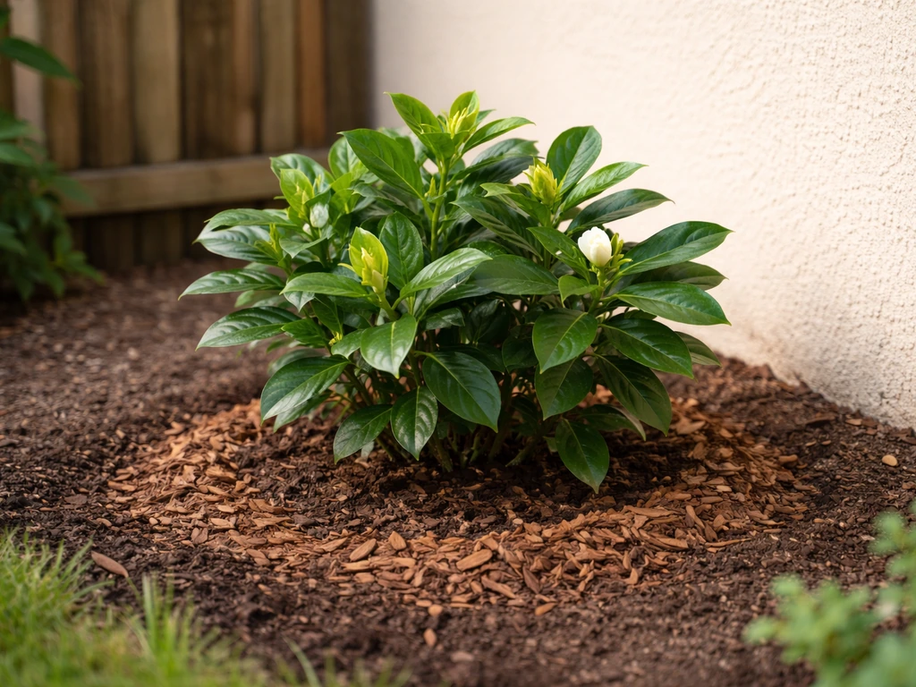 Gardenia planted in protected soil near a south-facing wall with mulch around its base