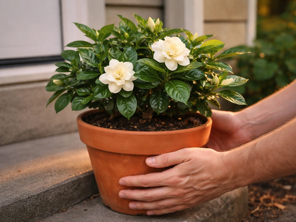 Gardenia in a terracotta pot on an outdoor step, with hands preparing to move it indoors to overwinter.