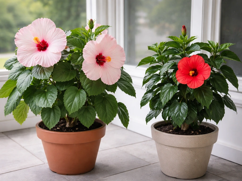 Side-by-side potted hardy hibiscus and tropical hibiscus near a window, showing different foliage and bloom styles.