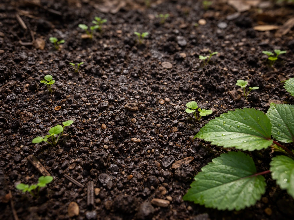 Moist, rich dark soil in a low garden bed with small green plants around it
