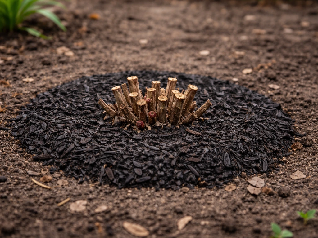Garden bed with a hardy hibiscus base after frost, cut-back stems and a 2–4 inch mulch ring around the crown.