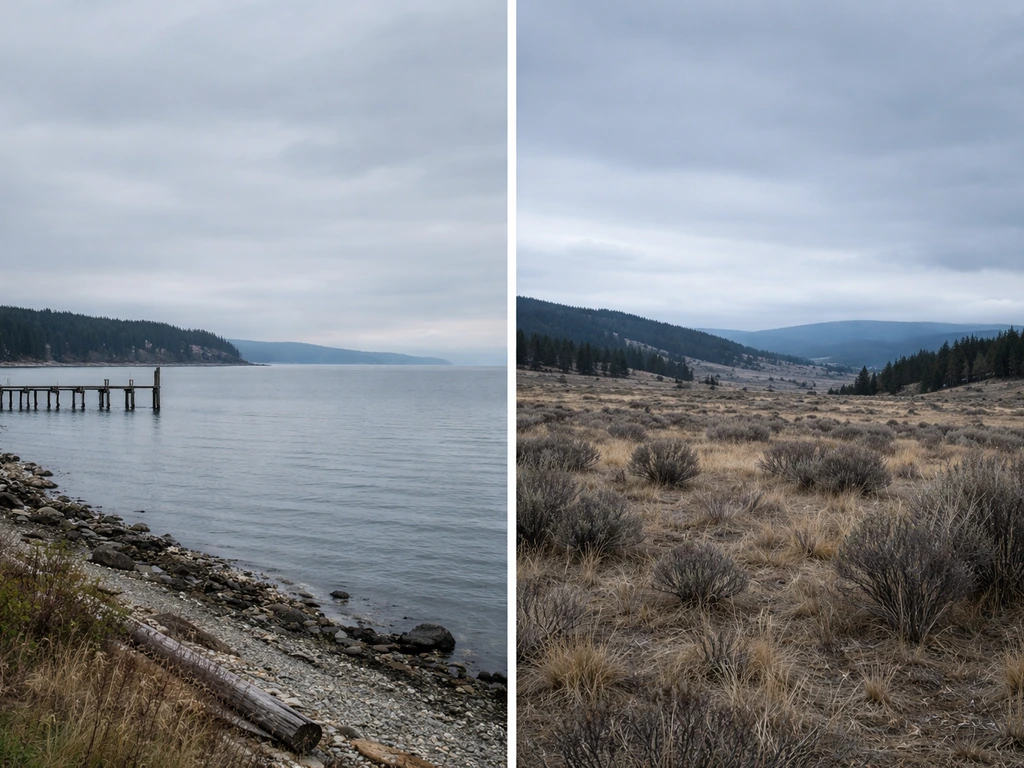Split view of Puget Sound lowlands shoreline versus colder drier inland Eastern Washington landscape.
