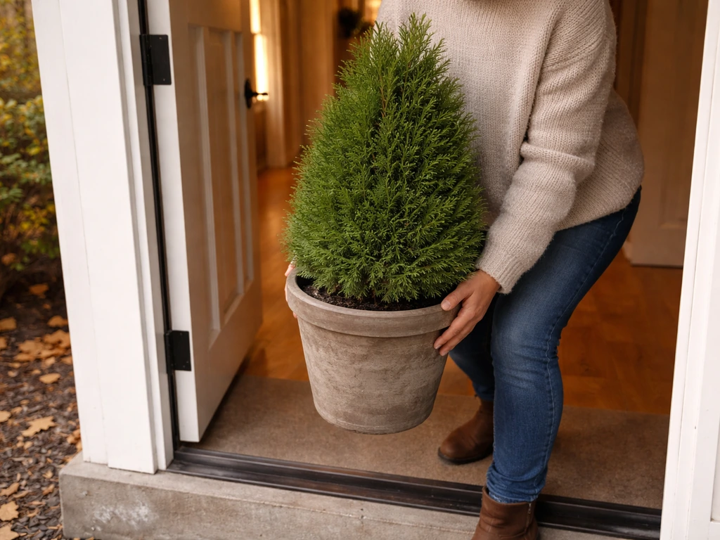 Person carries a potted evergreen into a doorway to protect it from upcoming cold weather.