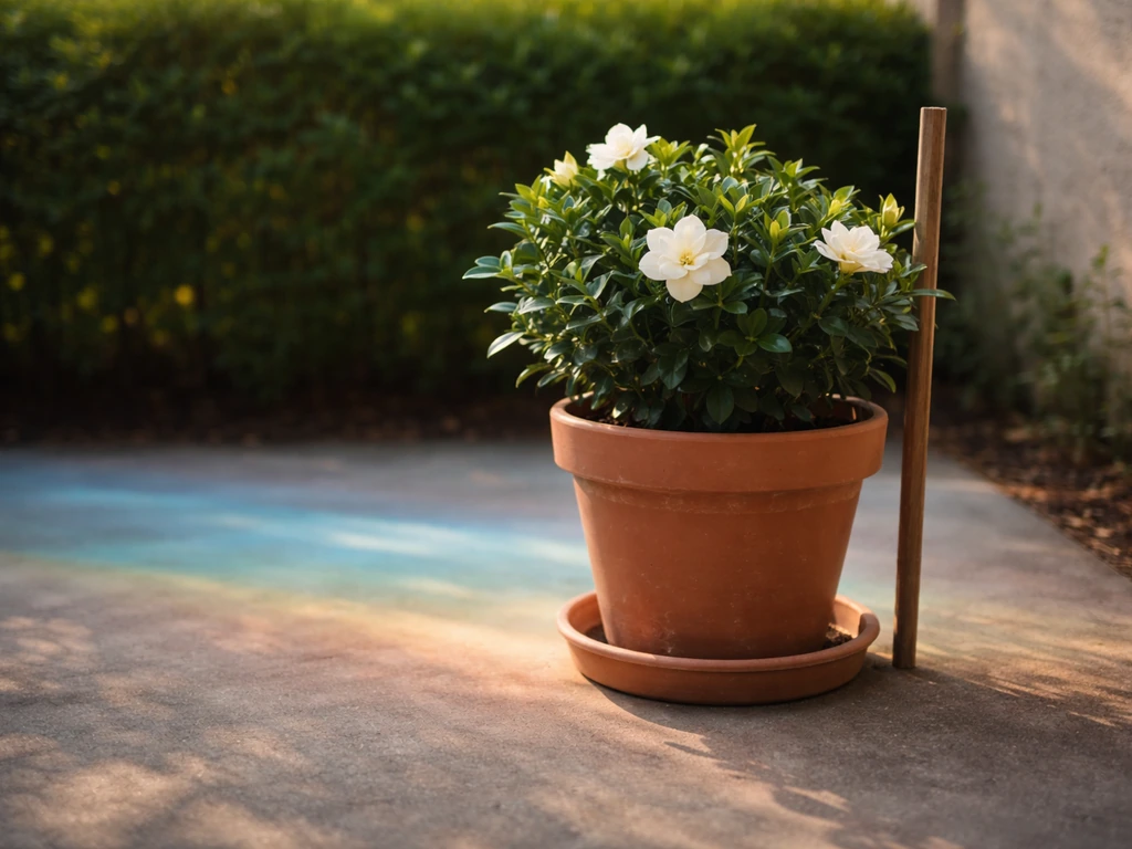 Minimal map-like outdoor scene with gardenia pot near a subtle compass and climate zone bands implied by colored light