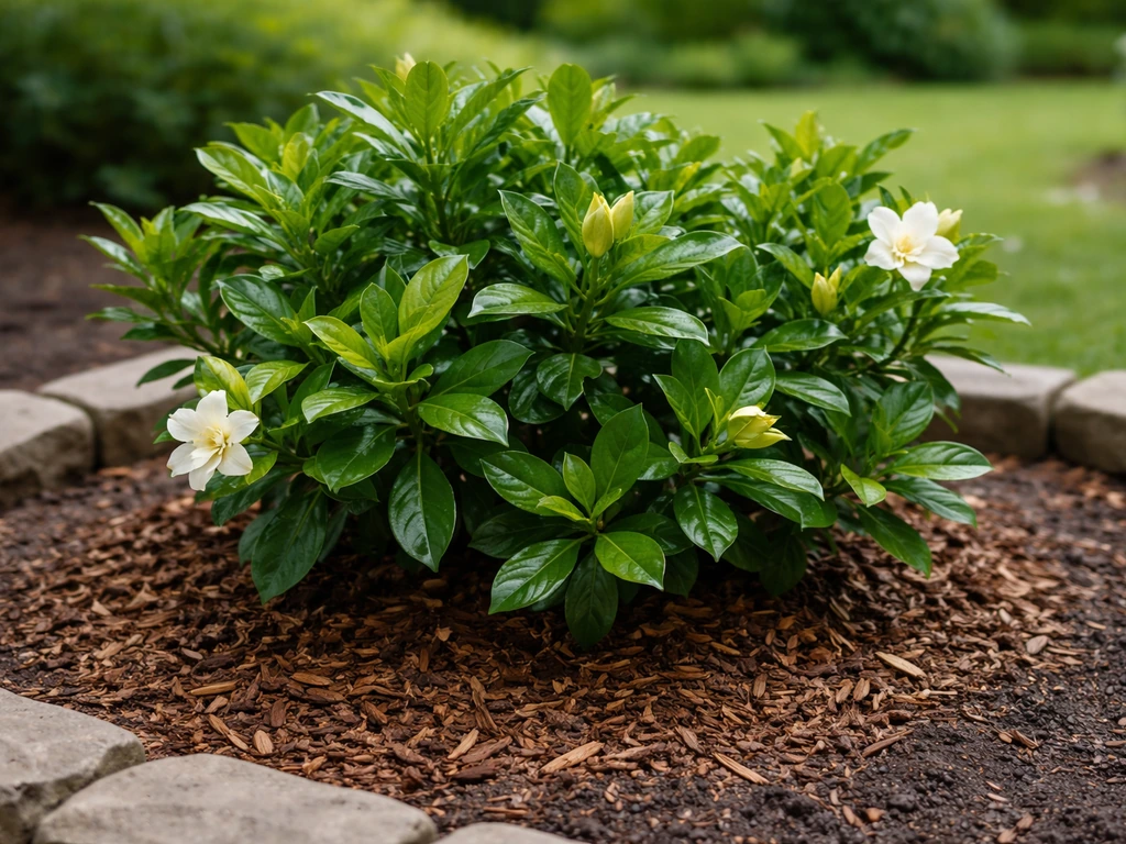 In-ground gardenia shrub thriving in a Memphis-style landscaped bed with mulch ring and evergreen foliage