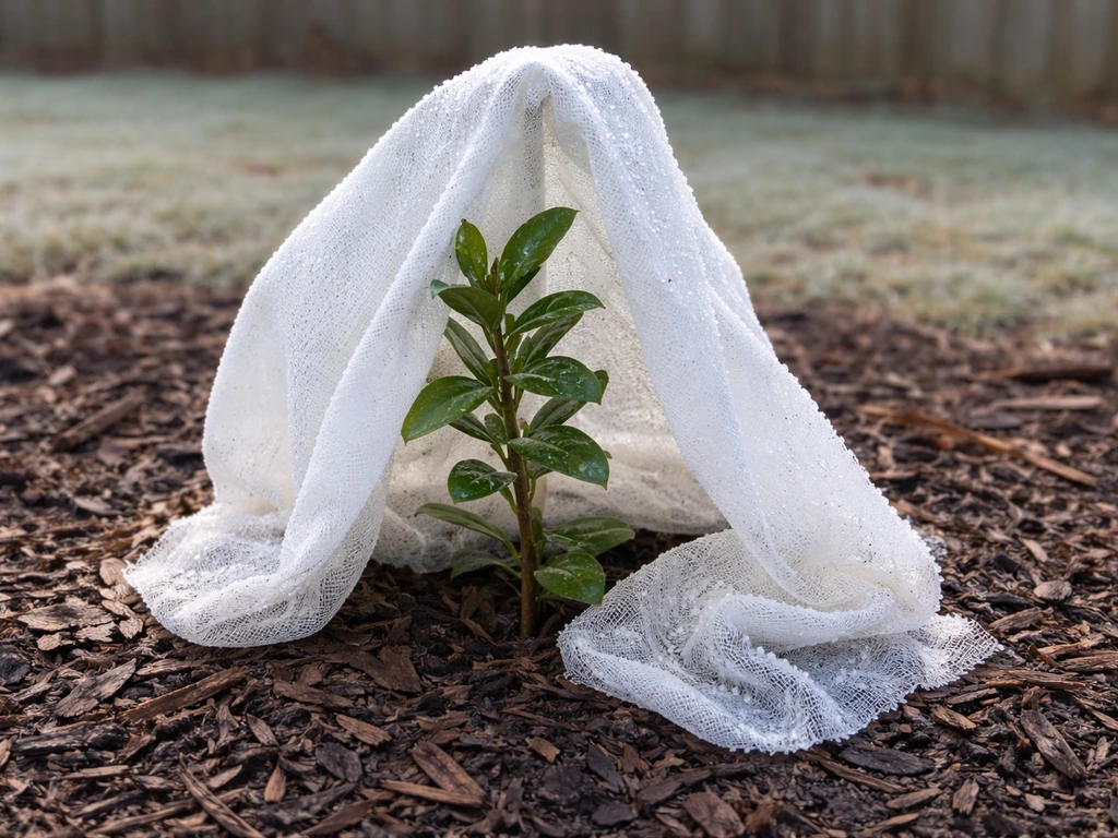 Mulch and frost fabric cover protect a small gardenia plant stem during a Tennessee cold snap.