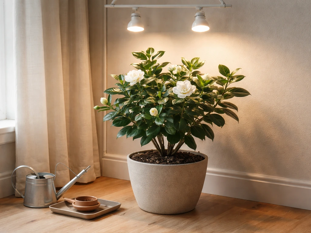 Potted gardenia indoors near a window with soft grow lights during overwintering