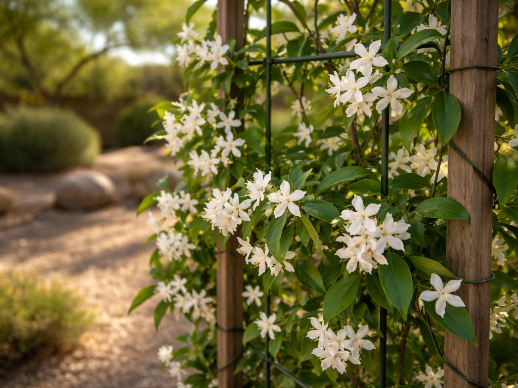 Sunlit star jasmine vine on a trellis in a warm Arizona yard with white star-shaped blooms