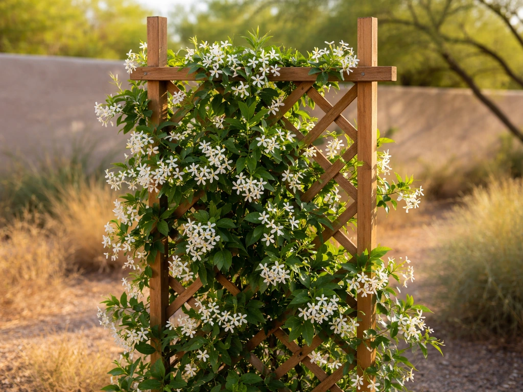 Star jasmine vine on a trellis in Arizona, showing white star-shaped blooms and glossy leaves.