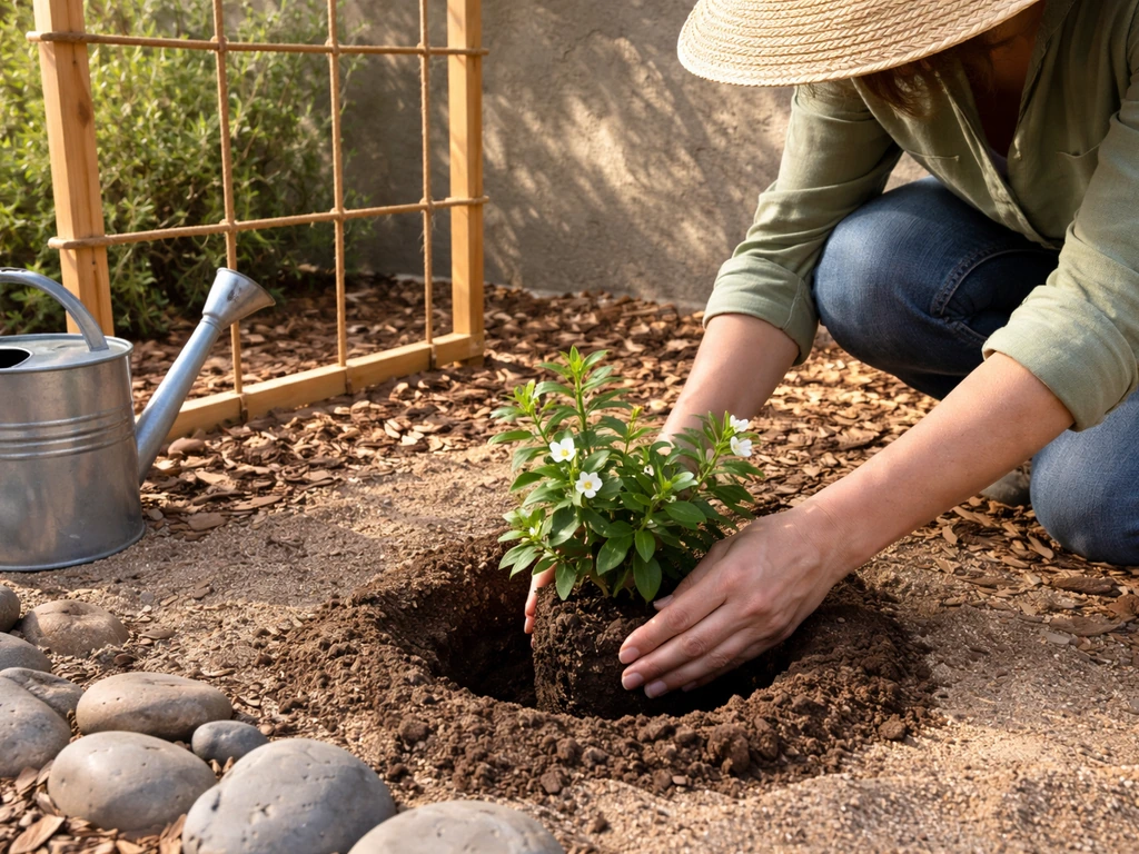 Star jasmine planted in a spaced hole beside a trellis in a morning-sun/afternoon-shade Arizona garden bed