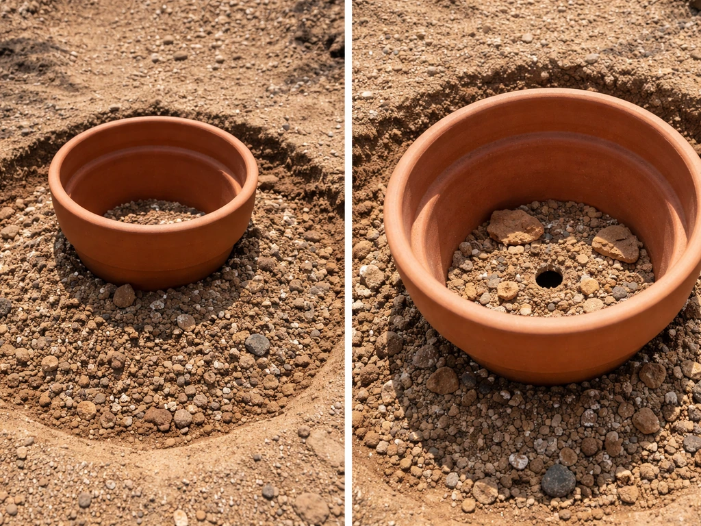 Dry desert soil and a terracotta planter with drainage setup, gritty well-draining mix in a shallow planting pit