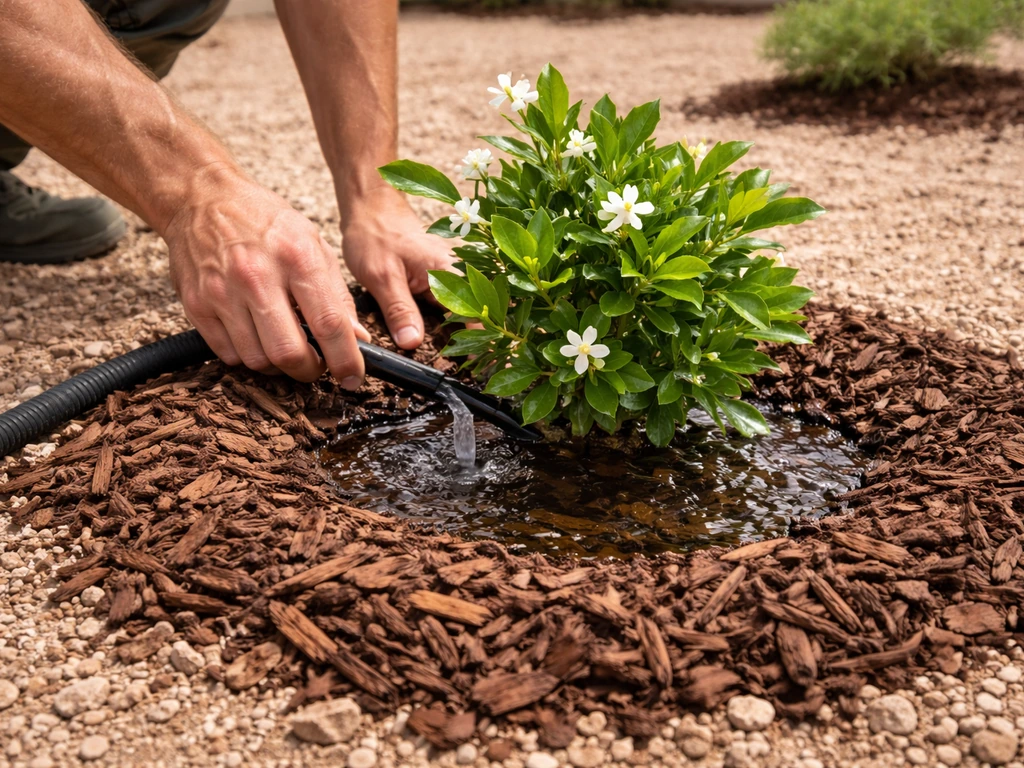 Gardener watering newly planted jasmine with a soaker hose at the base, surrounded by fresh mulch.