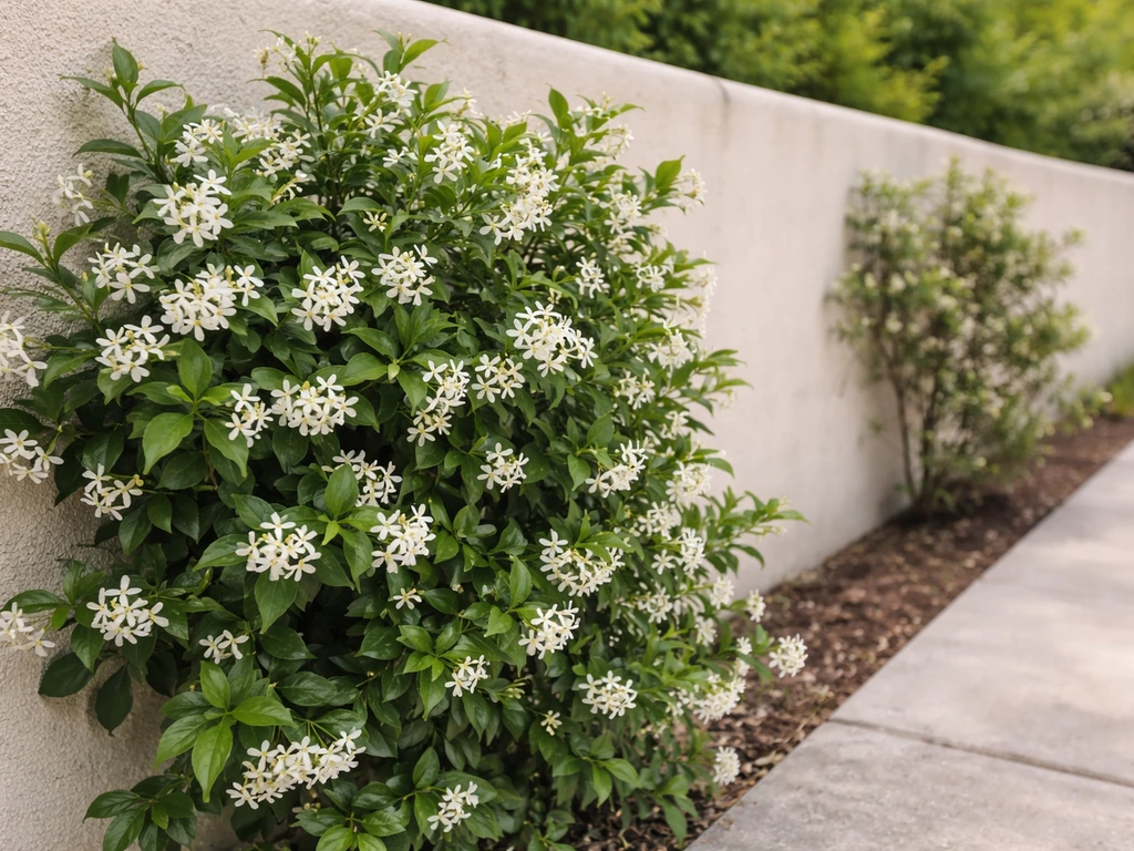 Star jasmine with abundant white spring blooms beside a less-flowering jasmine plant in a quiet garden.
