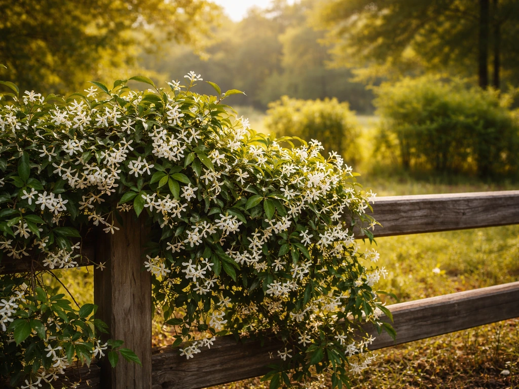 Confederate jasmine vine with white starry blooms climbing a sunlit fence in Arkansas.