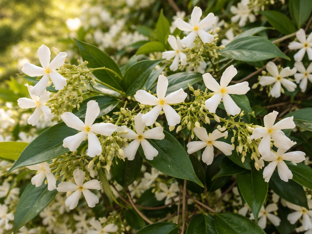 Close-up of Confederate jasmine vine with glossy leaves and clusters of creamy white blooms.