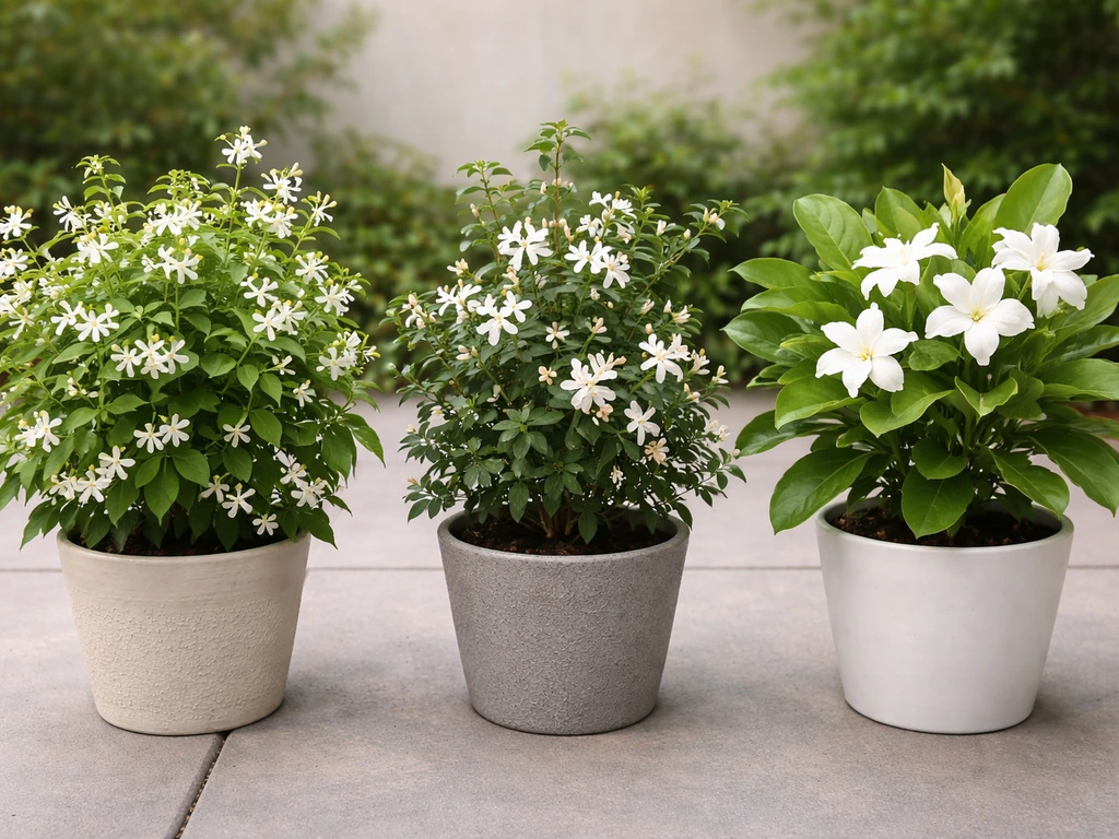 Three potted jasmine types side-by-side: star jasmine, true jasmine, and a distinct tropical jasmine-type plant.