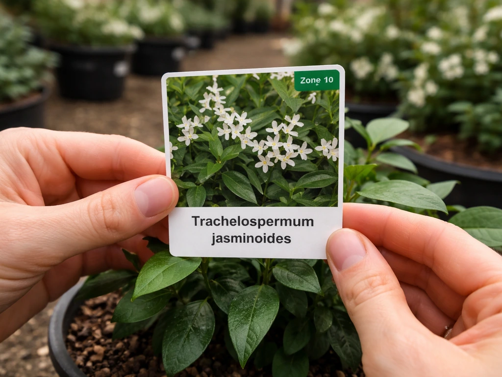 Close-up of hands holding a nursery jasmine tag showing botanical name and hardiness zone near a plant.